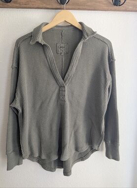 Aerie LumberJane Waffle Polo Shirt Dark Olive Green Size Small